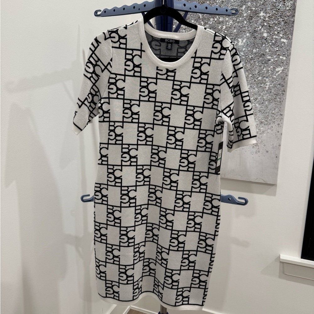 Chic Black and White BCBG Patterned Sweater Dress
